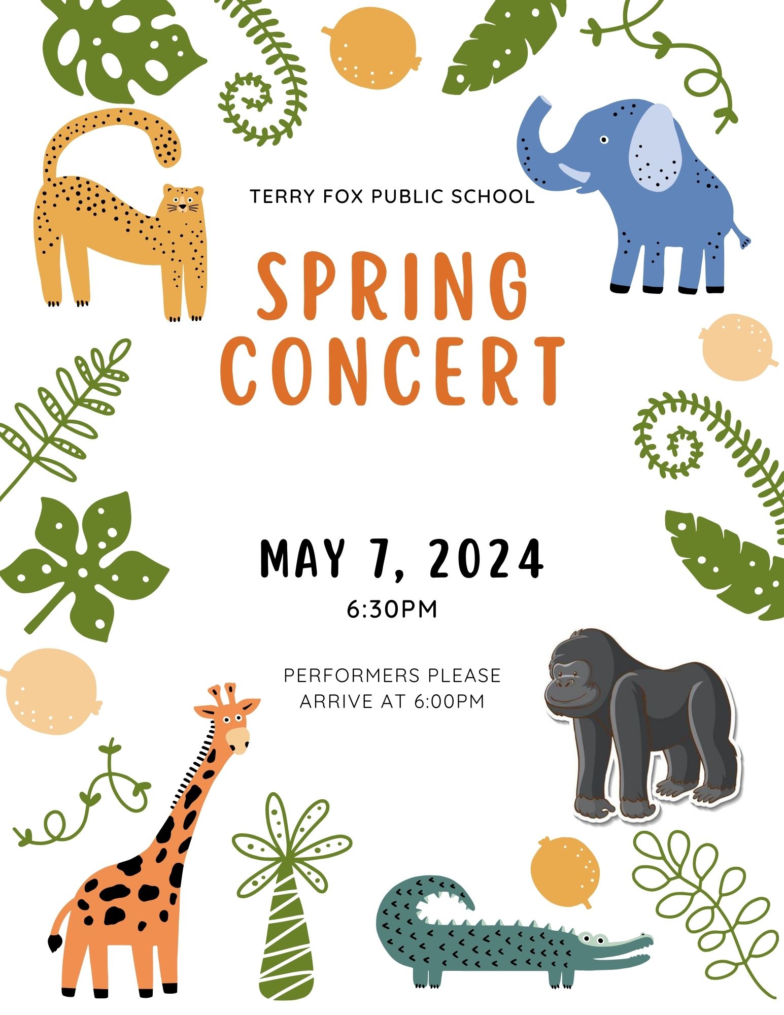 Spring Concert. Performers arrive at 6:00 pm. Concert begins at 6:30 pm.